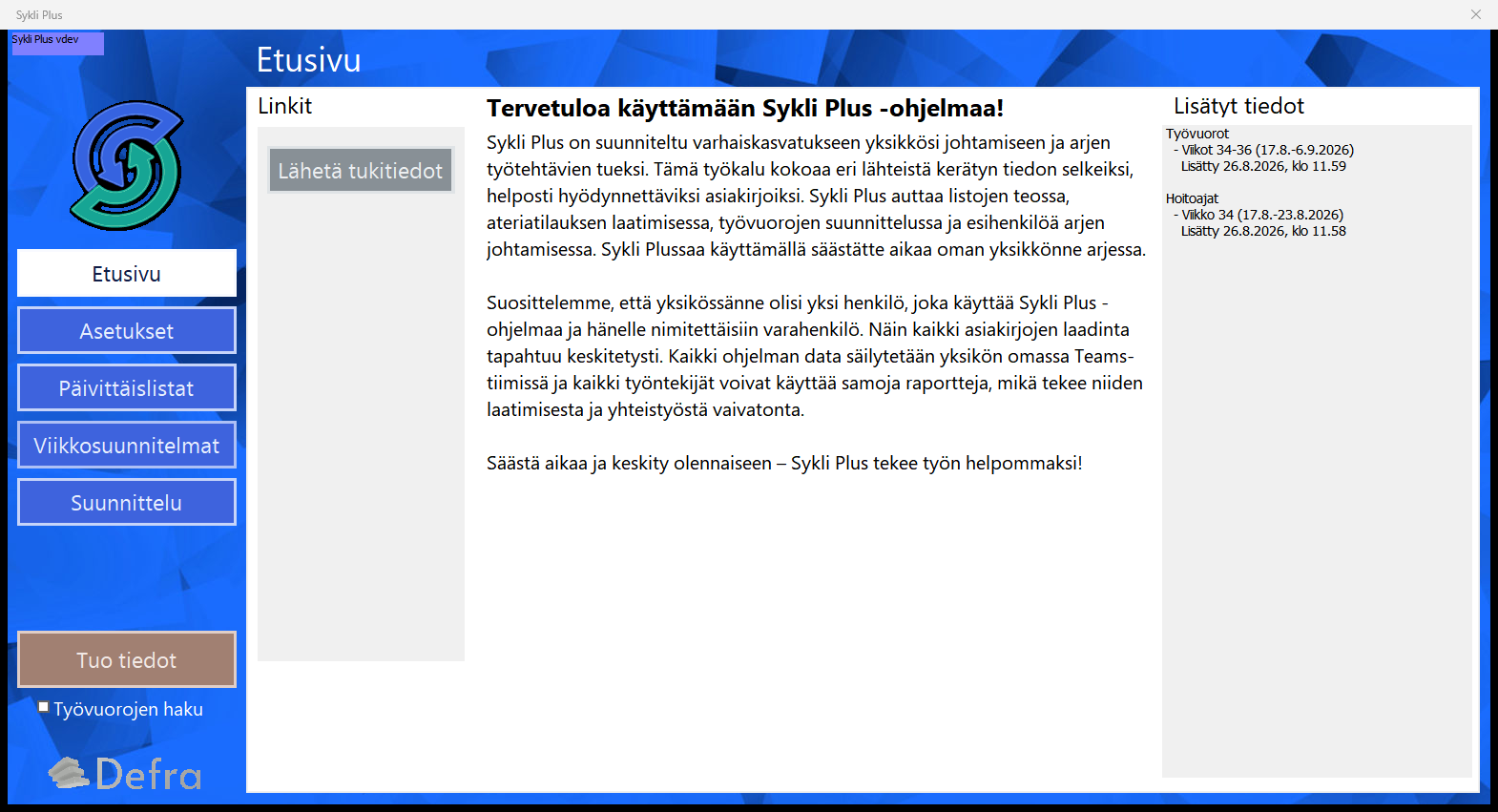 Etusivu: vasemmalla Linkit, keskellä yksikön ohjeistus ja oikealla Lisätyt tiedot
