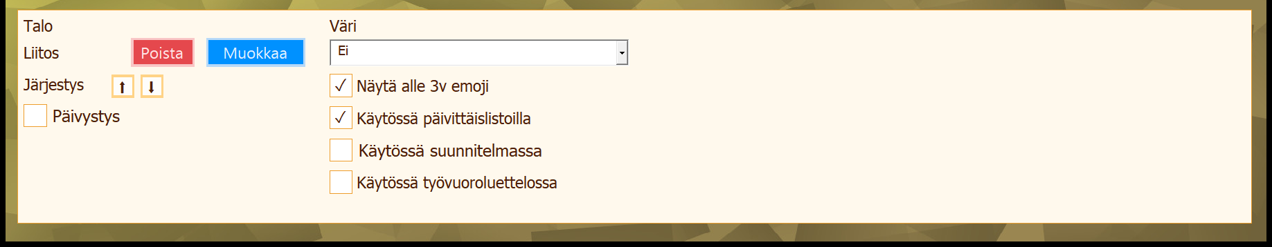 Liitosrivin alapaneeli: nimen alla lukee Liitos ja rivillä ovat Poista- ja Muokkaa-painikkeet