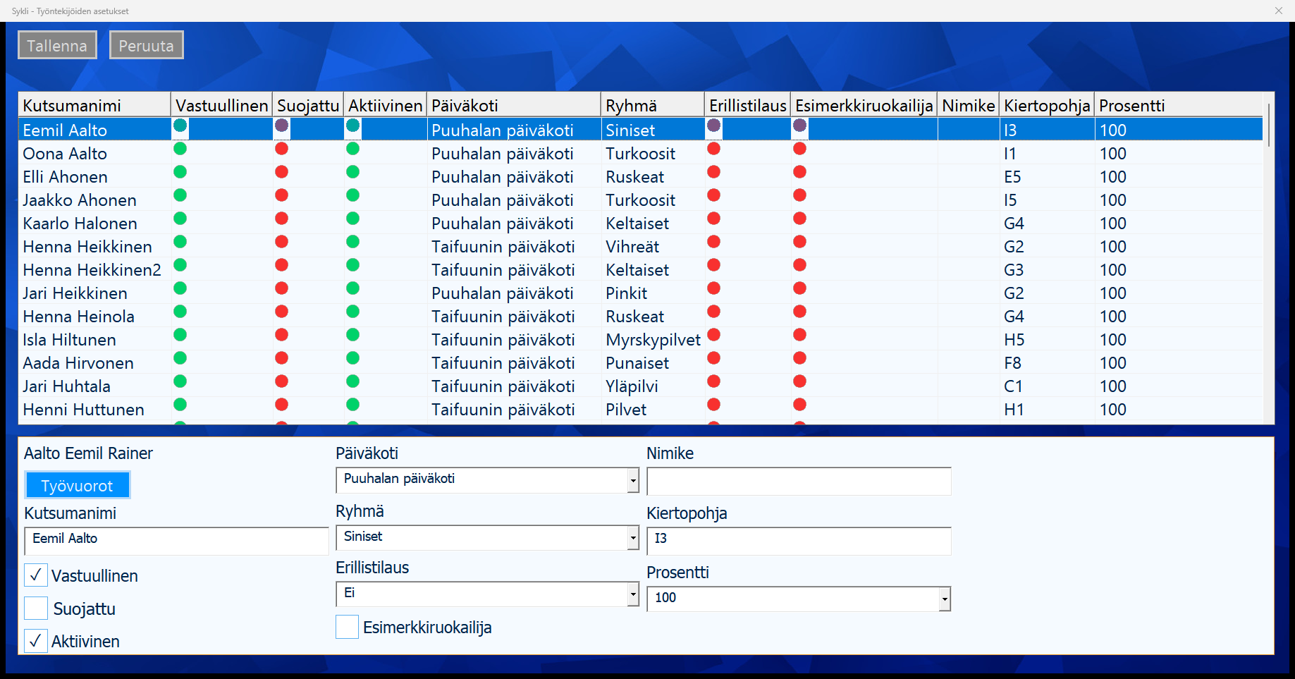 Työntekijöiden asetukset: työntekijöiden luettelo ja alapaneelissa valitun työntekijän kentät